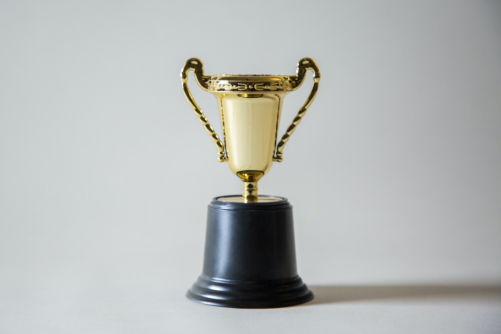 A photo of a small trophy, on a plain light grey surface in front of a grey background.