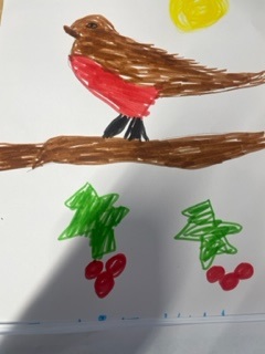 A drawing of a bird standing on a tree branch. There are sprigs of holly hanging from the tree branch.