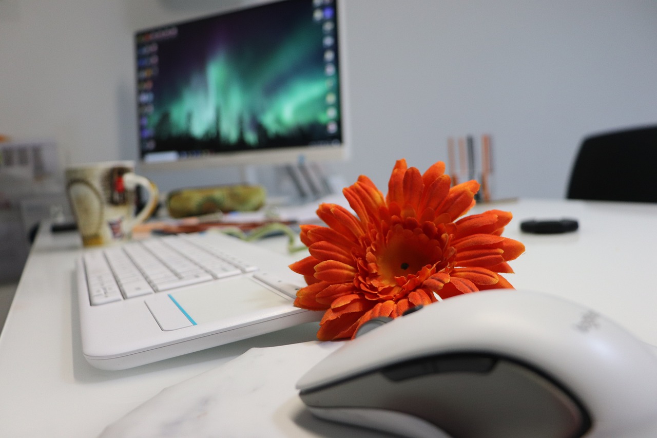 A photo of an office desk, which has a keyboard, monitor, mouse, coffee cup, stationery and an orange flower on top.